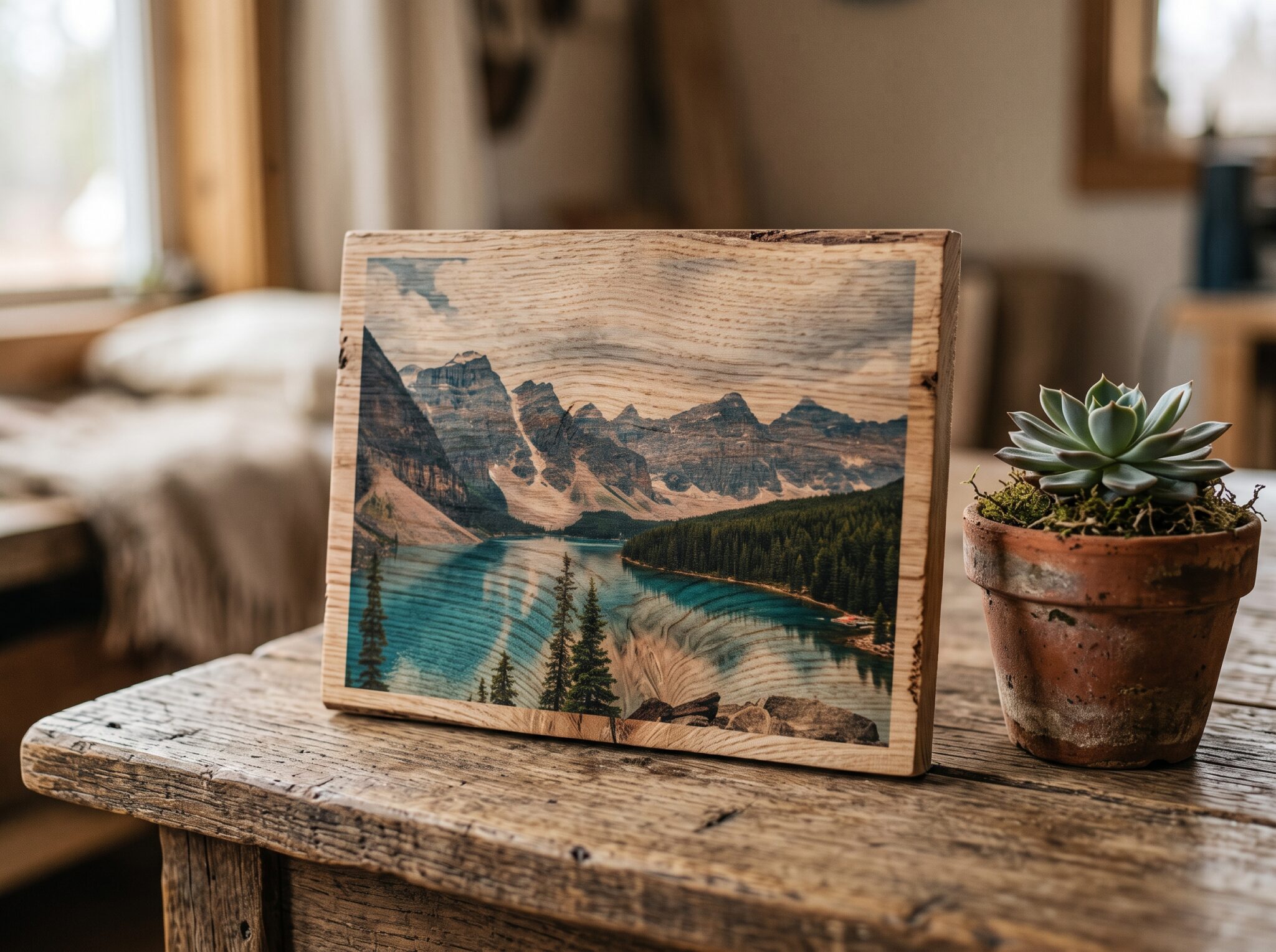 Fotografía impresa sobre una superficie de madera natural con veta visible