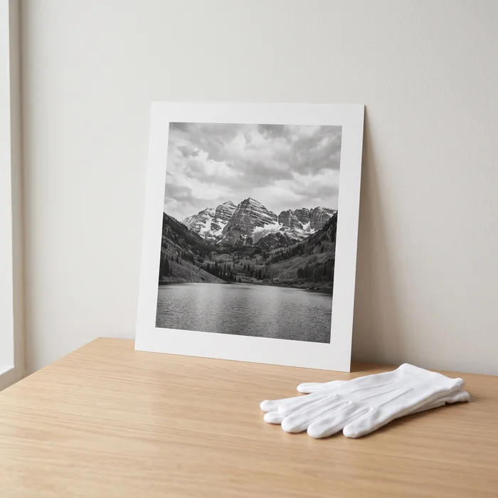 Impresión Fine Art de borde recto con guantes de manipulación, sobre fondo minimalista — Fotodalia
