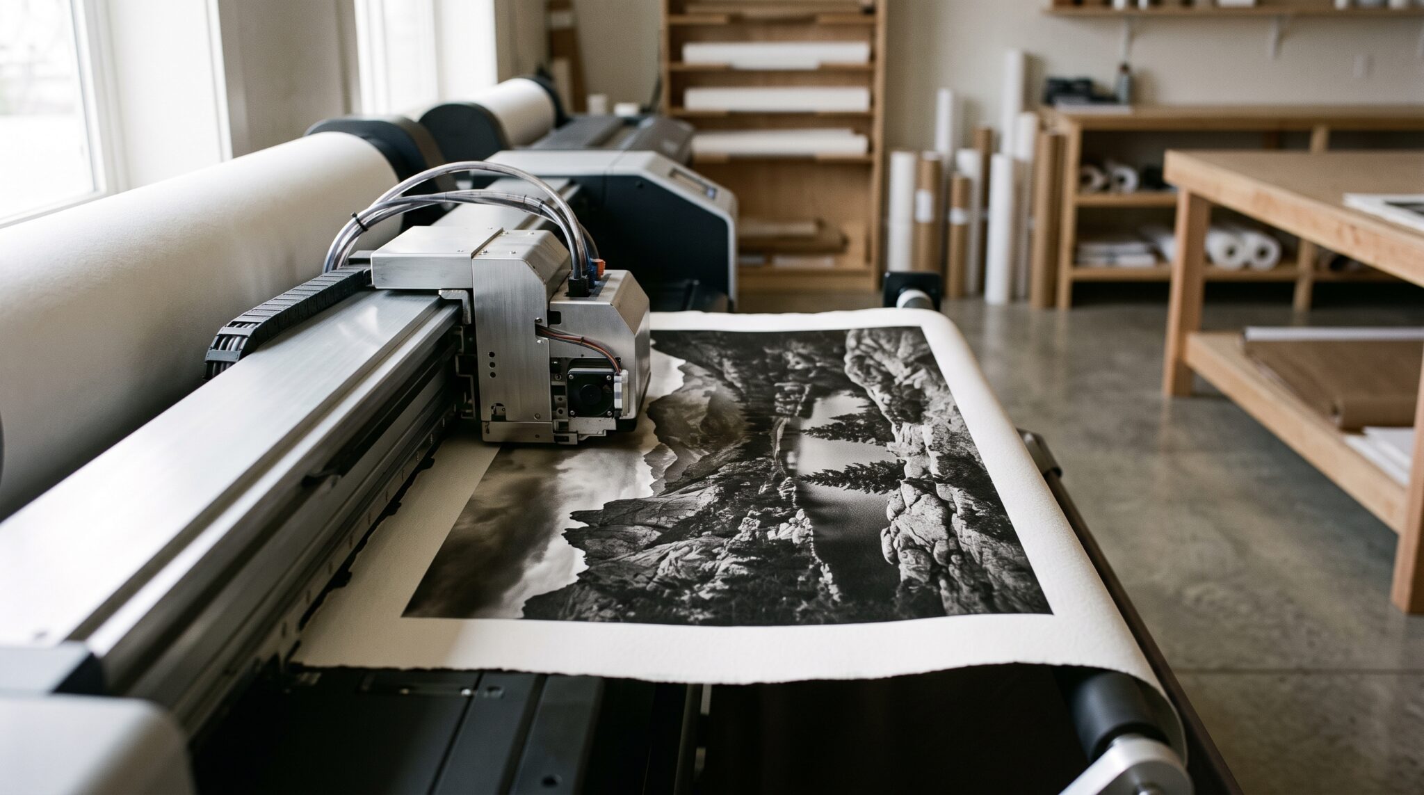 Impresora de gran formato aplicando tinta de pigmento sobre papel de algodón durante una impresión giclée