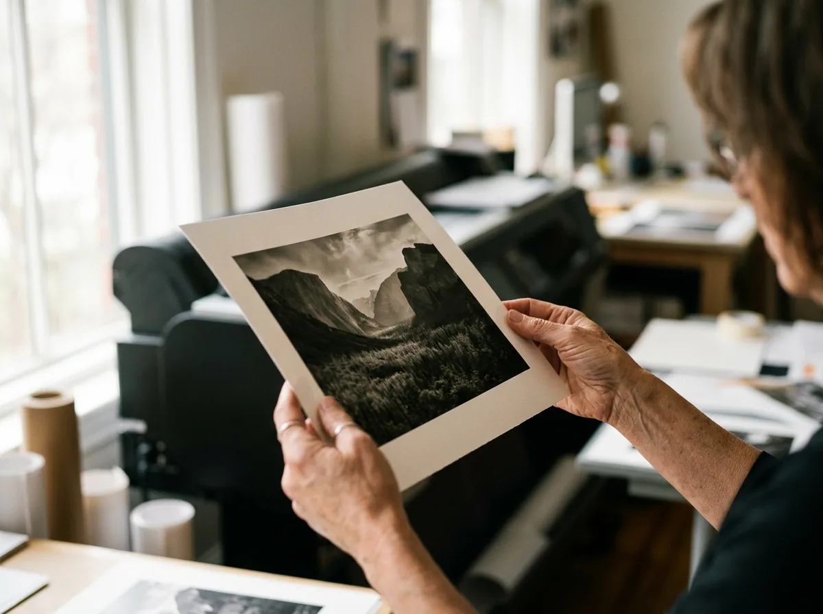 Fotógrafo sosteniendo una copia fine art recién impresa junto a una ventana para comprobar el color y el tono bajo luz natural