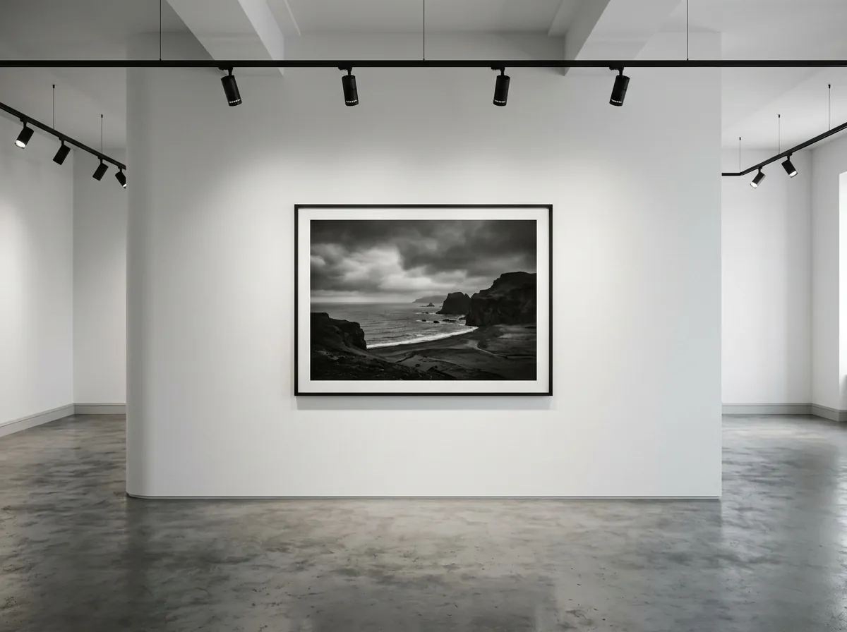 Fotografía en blanco y negro de gran formato enmarcada y expuesta en una pared blanca de galería con iluminación de raíles
