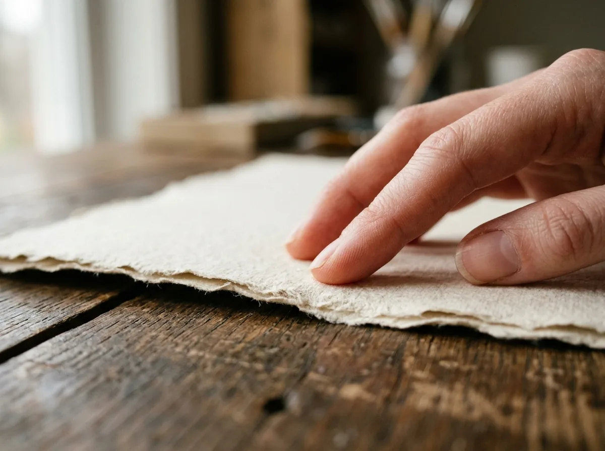 Detalle macro de una mano tocando la textura fibrosa y el borde deckle de un papel Fine Art de algodón sobre una mesa de madera