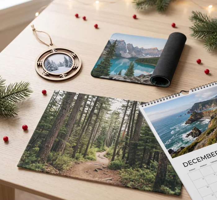 Regalos personalizados — calendario, adorno navideño y alfombrilla con foto — Fotodalia