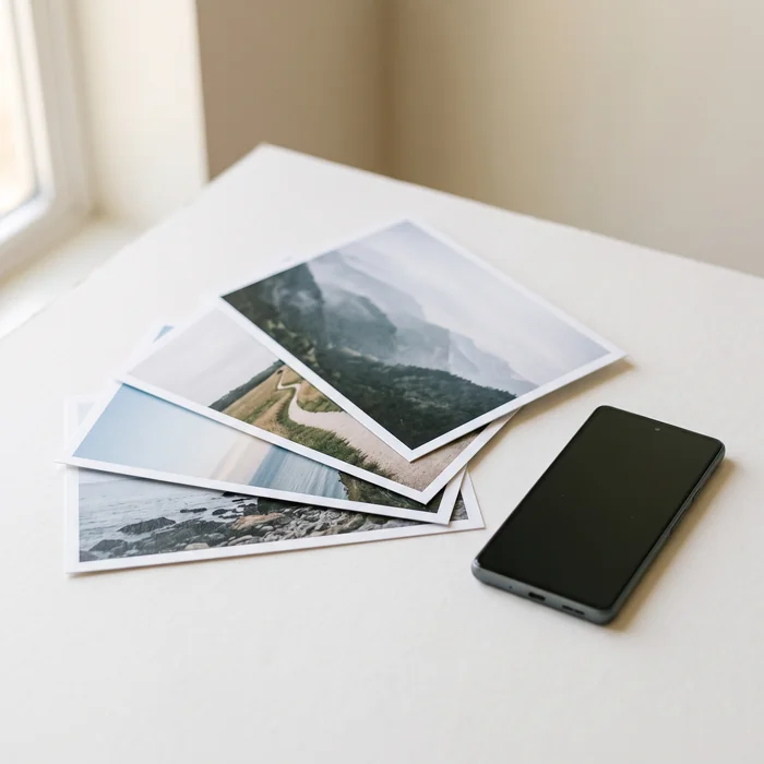 Copias fotográficas en abanico junto a un móvil de referencia de tamaño — Fotodalia