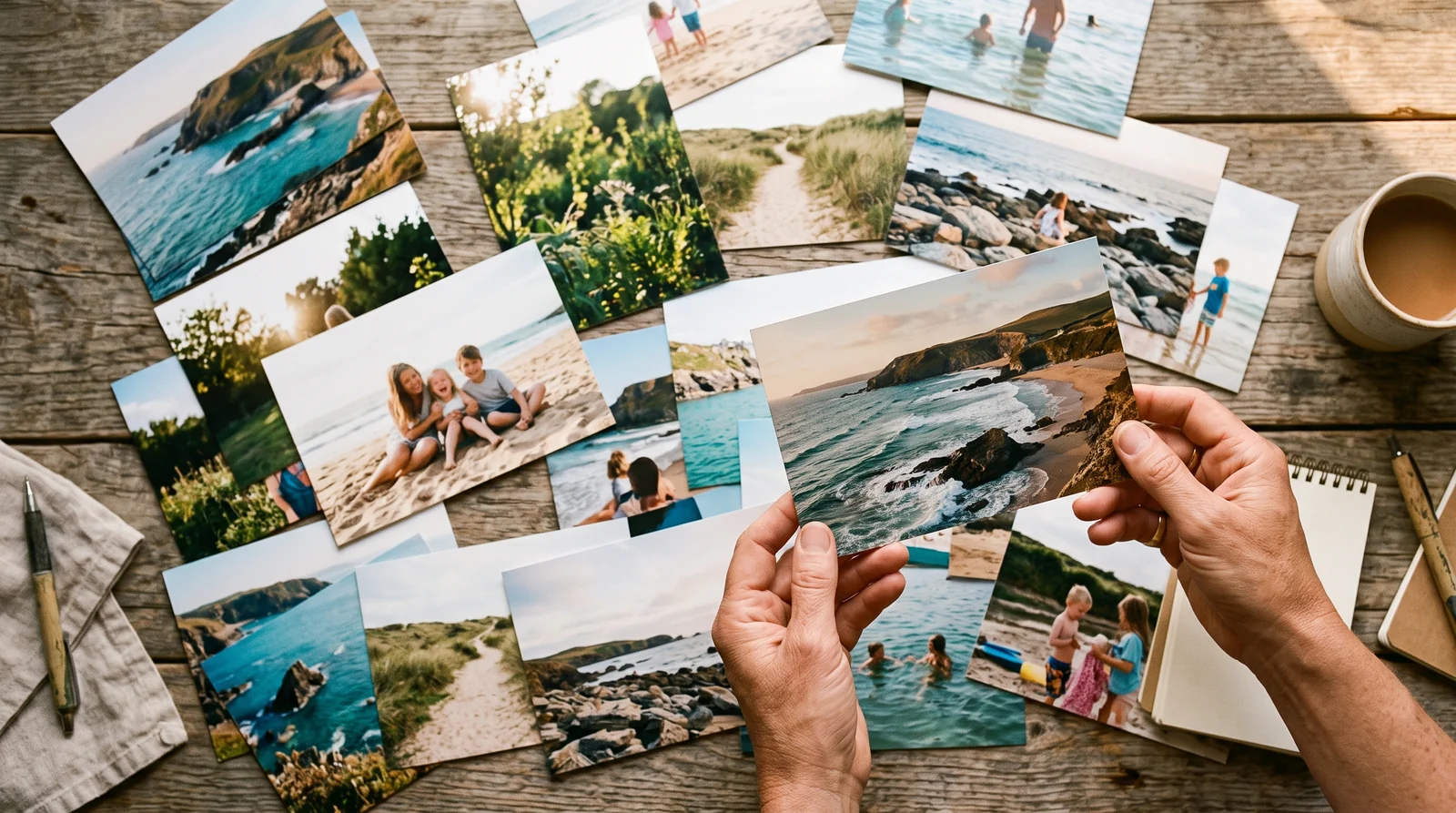 Copias fotográficas del verano recién impresas extendidas sobre una mesa de madera, con unas manos sosteniendo una de ellas