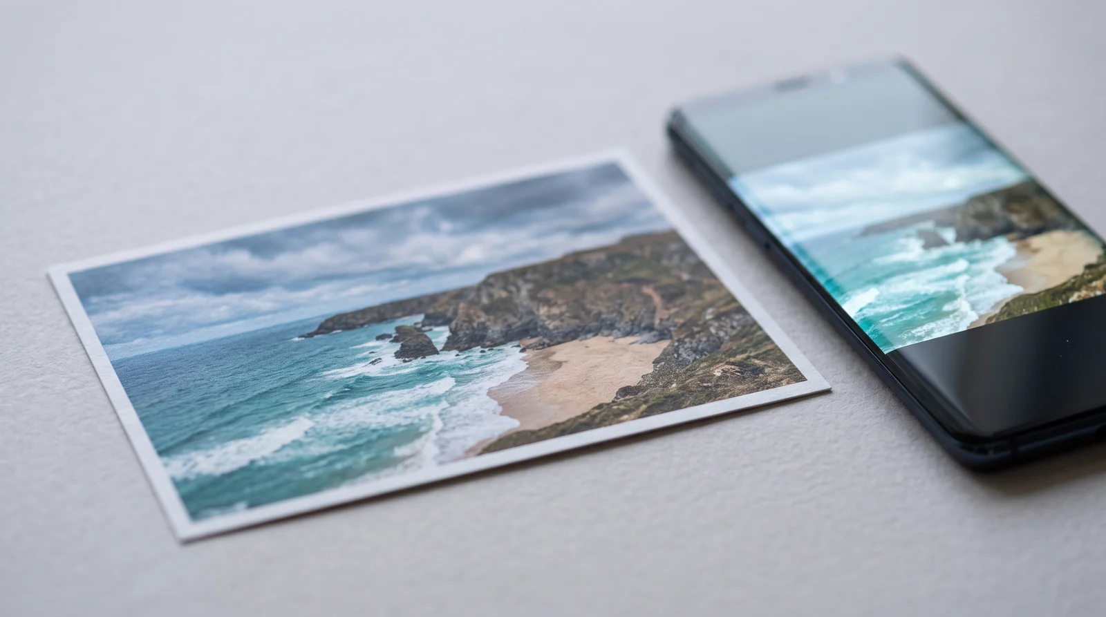 Detalle macro de una copia fotográfica impresa junto a un móvil que muestra la misma imagen en pantalla